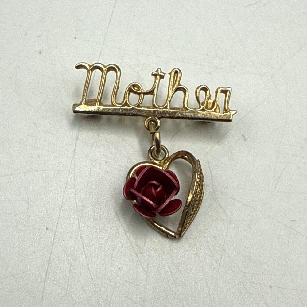 Vintage Mother Gold Tone Brooch Pin Red Rose Heart Dangle Sentimental Gift